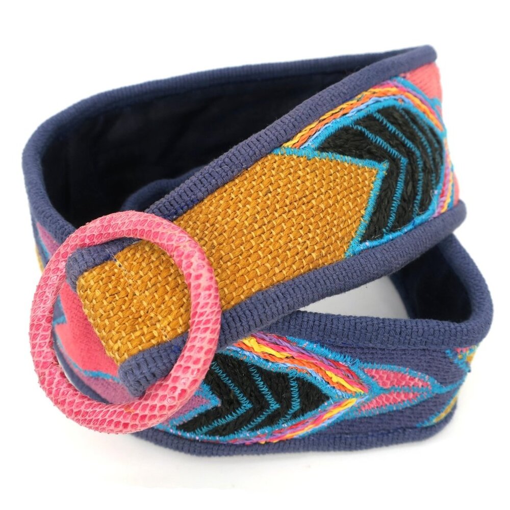 Vintage navy belt with mustard panel, pink buckle & turquoise embroidery